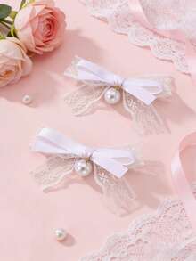 2pcs Elegant French Style White Lace Bow Pearl Hair Clips, Suitable For Daily Wear And Party Decoration - Multicolor - View 2