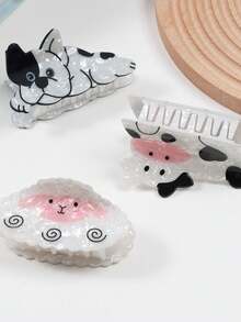 1个可爱猫狗动物图案发爪夹，卡通动物印花PVC发爪夹，时尚百搭鲨鱼造型发夹，适合女性日常发型 - 彩色 - 查看 5