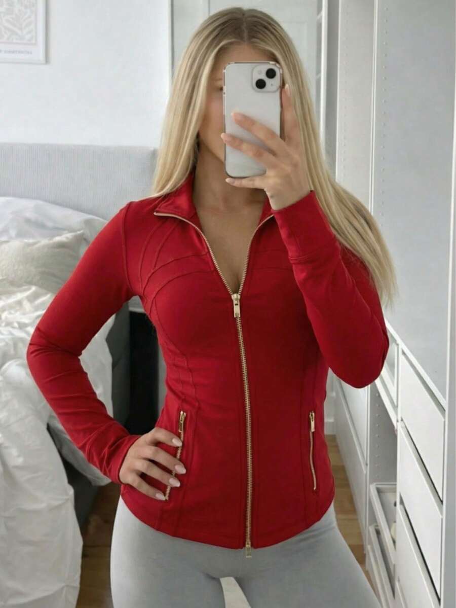 Women's Slim Fit High Stretch Activewear Jacket Zip Up Stand Collar Gold Zipper Thumb Hole Sports Top For Gym Workout And Daily Wear - Năm mới Đỏ/Vàng - Xem 1