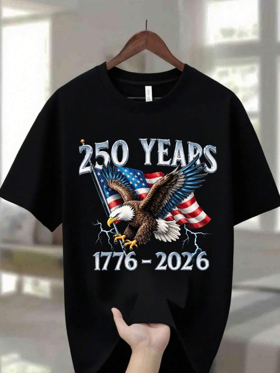 U.S. 250th Anniversary Commemorative T-Shirt Navy Blue 100% Men's Crew Neck T-Shirt With Eagle Design |   250 Years 1776 - 2026 United States Of America Flag Design, Ideal For Thanksgiving, Christmas, Summer And Everyday Wear, Men's Casual Comfortable T-Shirt 100% Cotton Casual Holiday Pure Cotton T-Shirt - 黑色 - 查看 1