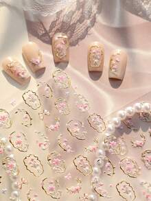 1pc 5D Embossed Stamping Flower Nail Art Stickers French Retro Gold Foil Frame Floral Manicure Decorations Decals - Multicolor - View 6