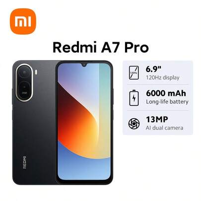 Xiaomi 小米 Redmi A7 Pro 全球版智能手机，搭载小米 HyperOS 3 系统，配备 6.9 英寸沉浸式 120Hz 高刷新率湿触技术 2.0，6000mAh 大容量电池，持久续航，强劲八核处理器，时尚精致设计，1300 万像素 AI 双摄像头，侧边指纹识别，AI 人脸解锁，双卡双待 + MicroSD 卡扩展，3.5mm 耳机孔，音量提升 200%。