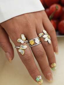 Frminee Bộ 3 chiếc/1 chiếc nhẫn thép không gỉ mạ vàng 18k hình bướm xếp ly cổ điển, phong cách Bohemian, thích hợp đeo hàng ngày khi đi nghỉ mát hoặc làm quà tặng ngày lễ. - Màu vàng và bạc pha trộn - Xem 4