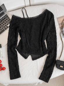 Elegant Casual Sweet Lace Floral Off-Shoulder Long Sleeve Cardigan With Delicate Silver Bow Decor, Suitable For Daily Wear, Dates, And Parties In Spring/Summer Black - Black - View 9