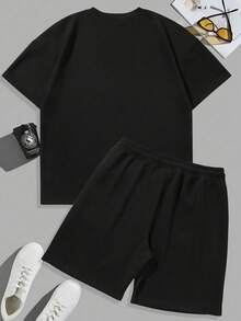 AnChiStreetwear - 大码男士夏季休闲运动纯色圆领短袖T恤短裤两件套，男士西装，男士夏季套装，假日休闲装 - 黑色 - 查看 4
