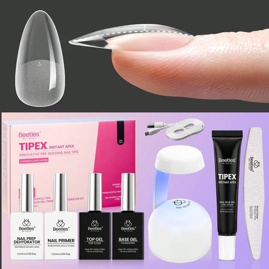 Beetles Tipex Lite Pre-Built Apex Nail Tips Kit, Stiletto Medium, With Tipex Nail Glue,  All-In-One Gel Nail Kit - Almond Medium (Tipex Nail Kit with Primer) - 查看 1