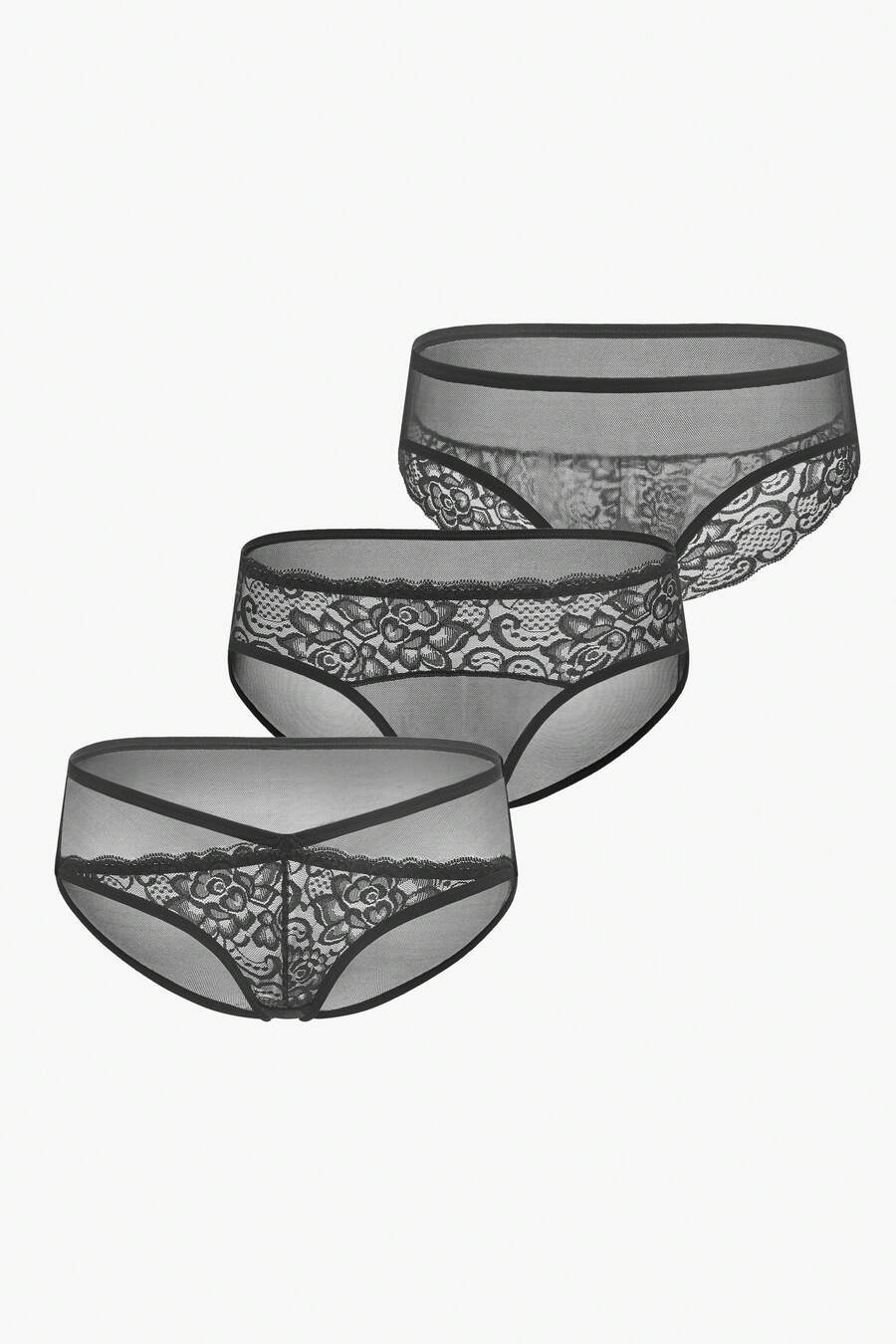 3件套花卉蕾絲內褲套裝 - 黑色 - 查看 1