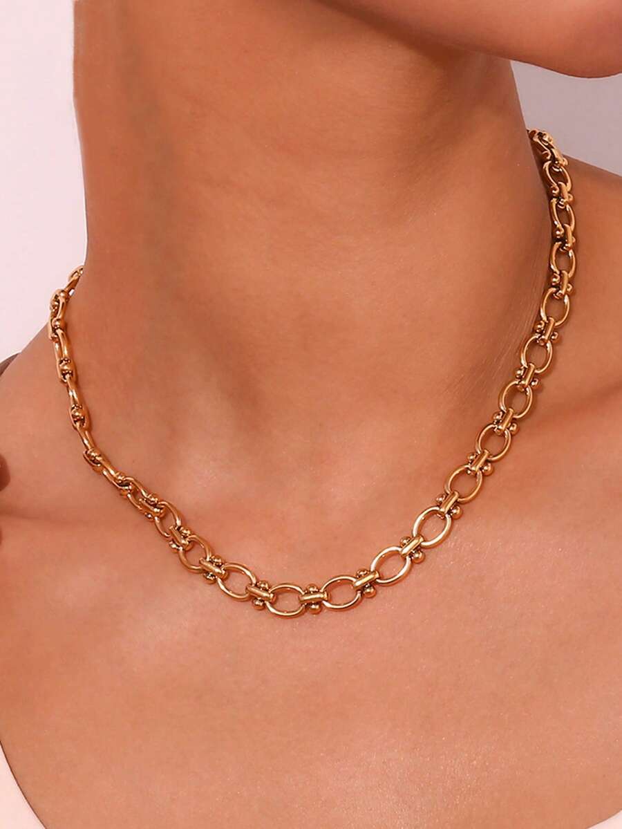 1pc Girl's Necklace, Waterproof Beach Vacation Layered Style, Stainless Steel Hollow Oval Handmade Chain Necklace, Daily Accessory Gift (Chain Length And Bead Quantity Random) - Yellow Gold - View 1