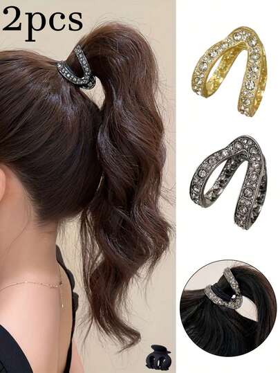 2个V形发夹，强力夹持，镶嵌高档水钻，适用于半丸子头造型，女士枕部发夹，时尚发饰，高马尾固定工具，防扁塌发夹，适合厚马尾和高丸子头，中空合金设计增加发量