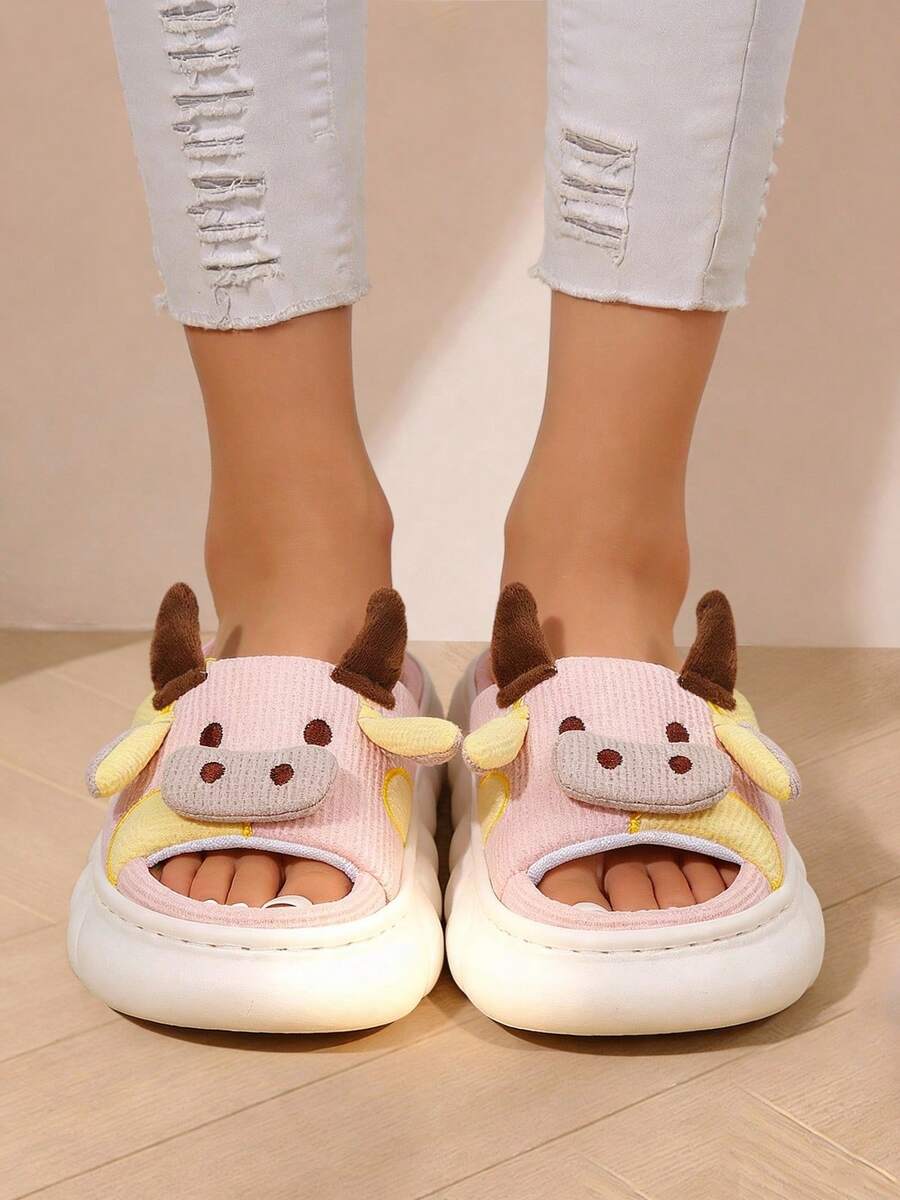 Women's Cute Cartoon Milk Cow Home Slippers Four Seasons Indoor Home Sandals Cotton Couple Linen Slippers Funny Shoes For Christmas And Valentine's Day Gifts For Lover - Hồng - Xem 1