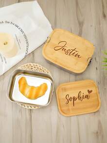 Hộp cơm trưa cá nhân hóa có tên, hộp cơm trưa tùy chỉnh cho nam và nữ, hộp đựng bánh mì bằng thép không gỉ, hộp đựng đồ ăn nhẹ nắp gỗ, hộp đựng thức ăn, hộp cơm cho trẻ mẫu giáo. - Nhiều màu - Xem 4