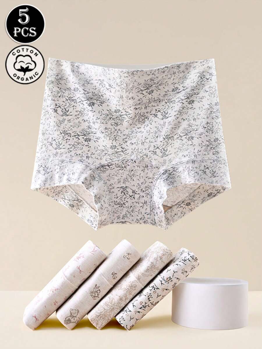 5 peças/pacote Calcinhas Florais Sem Costura de Algodão Femininas, Calcinha Hipster Confortável e Fofa de Cintura Média - Multicolorido - Visão 1