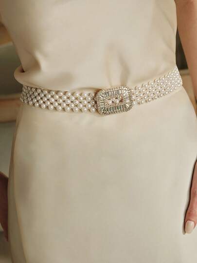 Opalesca 1 件女士珍珠腰带，配钻石方形扣，时尚百搭，适合夏季连衣裙、秋季学校装、秋季、万圣节