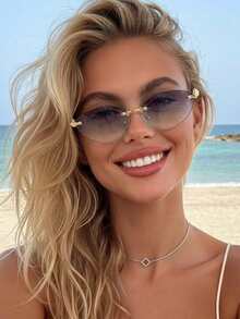 1pc Women's Rimless Edged Triangular Retro Cat Eye Small Frame Oceanic Lens, Rivet Metal Temples Hip-Hop Street Fashion Elegant Unisex Stylish Fashion Glasses, Suitable For Beach, Seaside, Vacation, Travel, Driving, Camping, Outdoor Activities - Multicolor - View 2