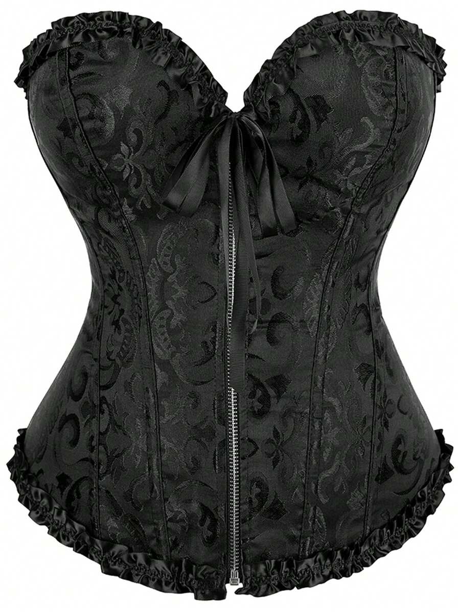 Vestido de verano negro sin tirantes con cremallera frontal, estilo corsé con hueso de cintura y parte superior bustier sin espalda con estampado floral para mujer de talla grande - Negro - Ver 1
