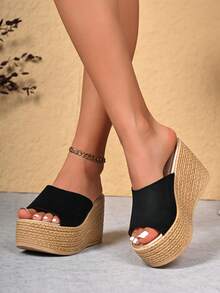 复古编织厚底凉拖鞋，黑色露趾坡跟鞋，夏季户外休闲沙滩拖鞋 - 黑色 - 查看 4