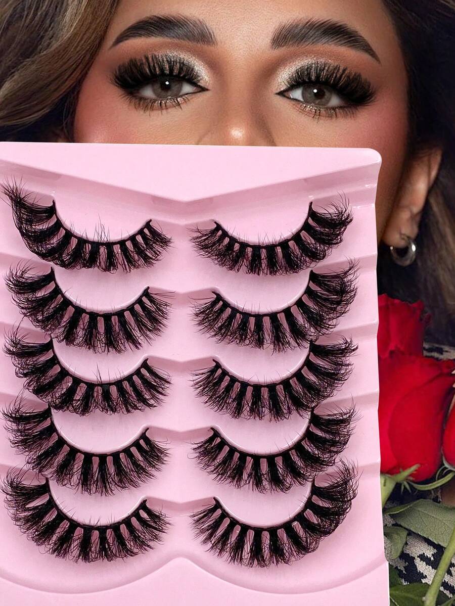 ENCHUW 5 Pairs Fluffy Volume Long Lashes Dramatic Thick False Eyelashes Faux Mink Lashes Reusable Lashes Makeup Fake Eyelashes - Black - View 1