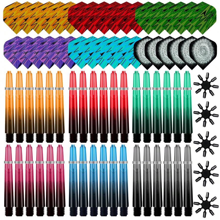 HUANQU 113件套飞镖配件套装，包含36个飞镖镖身、36个飞镖杆、5个镖翼保护套和36个弹簧环，适用于钢针/软针飞镖，提升精准度和控制力，是所有飞镖爱好者的理想之选。 - 彩色 - 查看 1