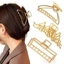 3 piezas Elegantes Clips de Pelo de Metal Dorado con Forma de Medialuna, Cuadrado y Grande de Aleación, Accesorios de Pelo Versátiles, Elegantes y Refinados Adecuados para Uso Diario, Lavarse la Cara, Maquillaje, Combinar con Atuendos de Verano, Pinzas de Pelo para Playa - Multicolor - Ver 3