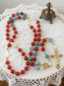 GO2CJBEADS 1pc Natural Stone Beads Cross Rosary Necklace, Vintage Classic Beaded Cross Pendant Religious Jewelry For Women - Z0698A - View 8