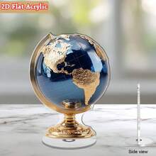 2D旋转亚克力世界地图地球仪 - 旋转桌面模型，金色陆地和蓝色海洋表面，豪华底座，适用于室内/室外办公室图书馆装饰 - 教育地理展示，节日礼物（圣诞节/万圣节/复活节），2D平面 - A - 查看 6