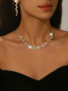 Bộ trang sức đính đá lấp lánh sang trọng, gồm vòng cổ choker và bông tai dáng dài, thiết kế hoa đính đá Cubic Zirconia cao cấp, chất liệu đồng, thích hợp làm quà tặng đám cưới, cô dâu, dạ hội, tiệc tùng, Ngày của Mẹ, sinh nhật, kỷ niệm. - Vàng - Xem 1