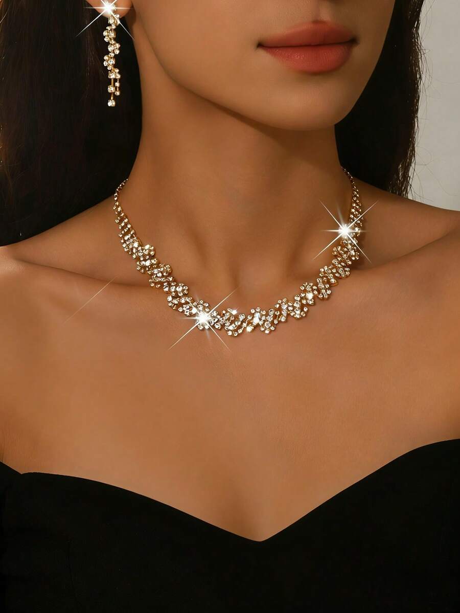 Bộ trang sức đính đá lấp lánh sang trọng, gồm vòng cổ choker và bông tai dáng dài, thiết kế hoa đính đá Cubic Zirconia cao cấp, chất liệu đồng, thích hợp làm quà tặng đám cưới, cô dâu, dạ hội, tiệc tùng, Ngày của Mẹ, sinh nhật, kỷ niệm. - Vàng - Xem 1