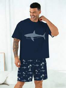 Herren Große Größen Pyjama Set | Rundhals Kurzarm Top und Elastischer Bund Lässig Shorts 2-teiliges Set | Polyester Strickstoff weich und atmungsaktiv, locker geschnitten | Hai Strand Muster Lässig Design - marineblau - Übersicht 7