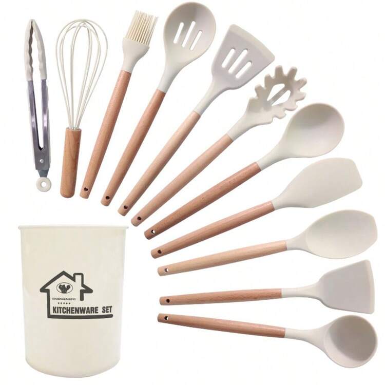Kitchen Utensil Set, Wooden Handle Silicone Cookware Set, Non-Stick Silicone Spatula Set, Silicone Kitchen Utensils Set, Rotating Kitchen Utensil Storage Bucket, Heat-Resistant Kitchen Tools, Tongs, Scraper, Spoon, Brush, Mixer, Kitchen Tool Set, Suitable For Non-Stick Pots And Pans, Dishwasher - View 8