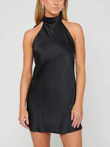 Women's Halter Neck Satin Mini Dress Sleeveless Backless Ruched Slim High Neck Solid Color Bodycon Short Dresses Evening Party Dress Wedding Guest Dresses Formal Dress - màu đen - Xem 5