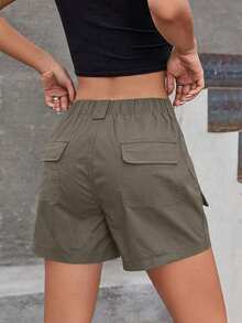 Cargo Shorts For Women Casual Summer Elastic High Waisted Button Up Comfy Cotton Hiking Shorts With Pockets - Xám - Xem 2