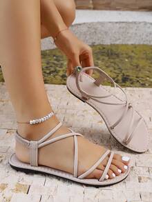 Sandal Datar Zira Baru dengan Tali Tipis dan Tali Jari Kaki. - Krem - View 7