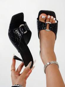 2026 Summer New Rhinestone Buckle Crocodile Embossed Square Toe High Heel Sandals, Exquisite Fashion Luxury Quality Versatile Ladies Sandals - Black - View 1