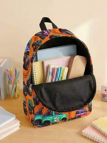 1 Peça Mochila Multibolso com Estampa de Carro Cartoon, de Grande Capacidade, Durável, Versátil, de Alta Qualidade, com Fechamento de Zíper, Adequada para Meninos e Meninas, Ótima para Escola e Atividades ao Ar Livre - Multicolorido - Visão 4