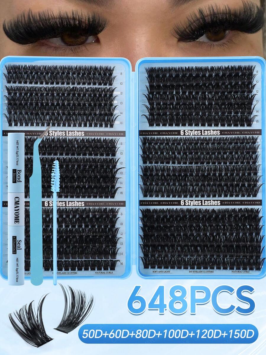 720/684/648pcs D Curl Individual Eyelashes With Bond And Seal, Mascara Wands, Tweezers, Beginner Friendly Fake Lashes Set, Cluster Eyelash Extensions Kit, Bundle Eyelash Soft Natural Look, Long Lasting False Lashes, Lightweight Reusable Wispy Lash
