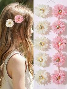 10pcs/Set Rhinestone Flower Hair Clips For Girls, Minimalist Side Bangs Clips, Cute Daisy Hair Clips, Sweet & Versatile Hair Accessories For Daily Use - Multicolor - View 1