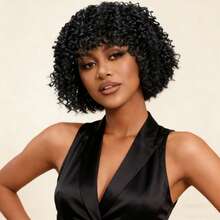 Black Short Curly Wig With Bangs, Kinky Curly Synthetic Hair Bob Wig For Women, Natural Fluffy Afro Curls Wig, Heat Resistant Fiber, Glueless Wig With Bangs For Daily Wear, Cosplay, Party, Holiday, Birthday, Fashion Show & Gift - Black - View 3