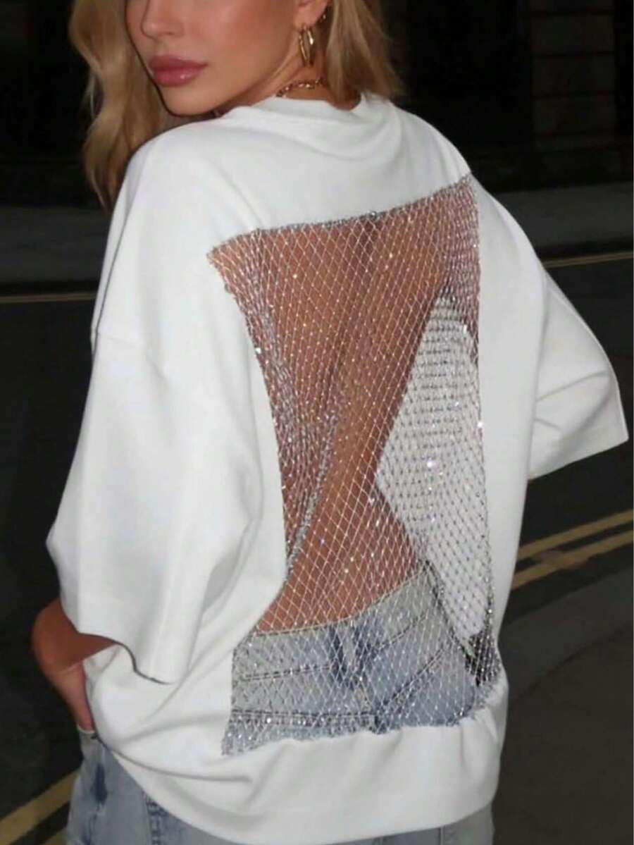 Popular Women's Rhinestone Fishnet Cutout Tee - Oversize White Casual Party Top - White - View 1