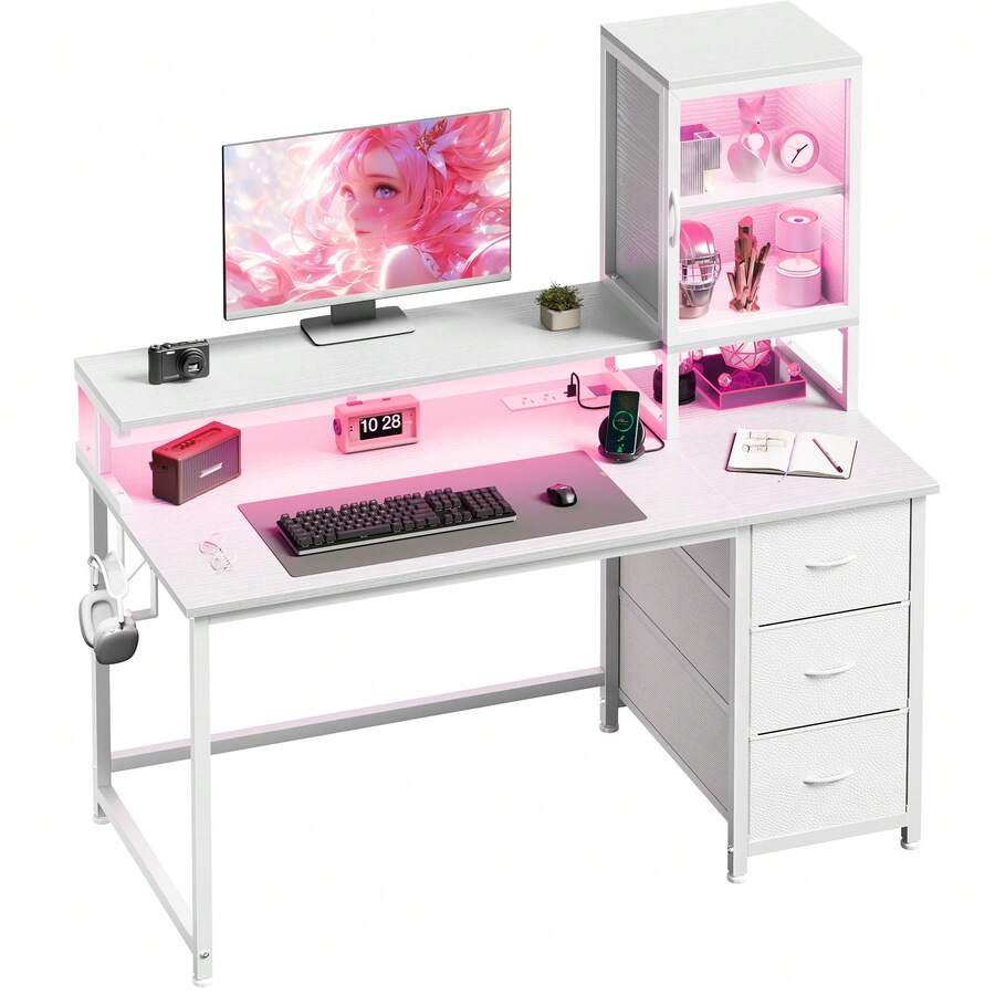 EnHomee 47"Gaming Desk Computer Desk With Power Outlets, Modern Desk Table Home Office Desk Vanity Table With Storage & Ergonomic Monitor Stand - Xem 1