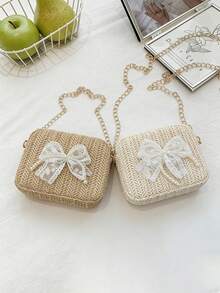 Túi có khóa kéo kiểu dáng nghỉ dưỡng tươi mát, túi đeo chéo mini đính nơ ngọc trai, túi vuông cói đi biển mùa hè, túi đeo vai dây xích dễ thương cho cô gái. - A - Xem 2