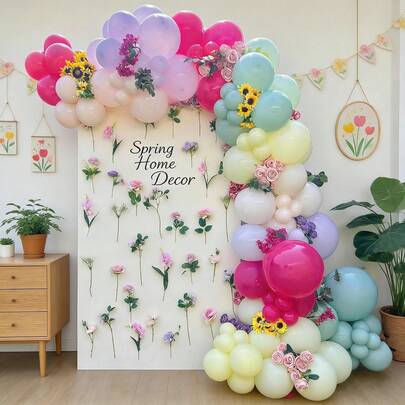 Bộ vòng hoa bóng bay hình hoa dại mùa xuân gồm 134 quả, với các quả bóng màu pastel, thích hợp cho các chủ đề hoa cúc, hoa, tiệc sinh nhật, bướm, tiệc trà hoa, vườn, tiệc mừng em bé chào đời, trang trí tiệc tiết lộ giới tính, đám cưới, trang trí tiệc độc thân/tiệc chia tay đời độc thân.