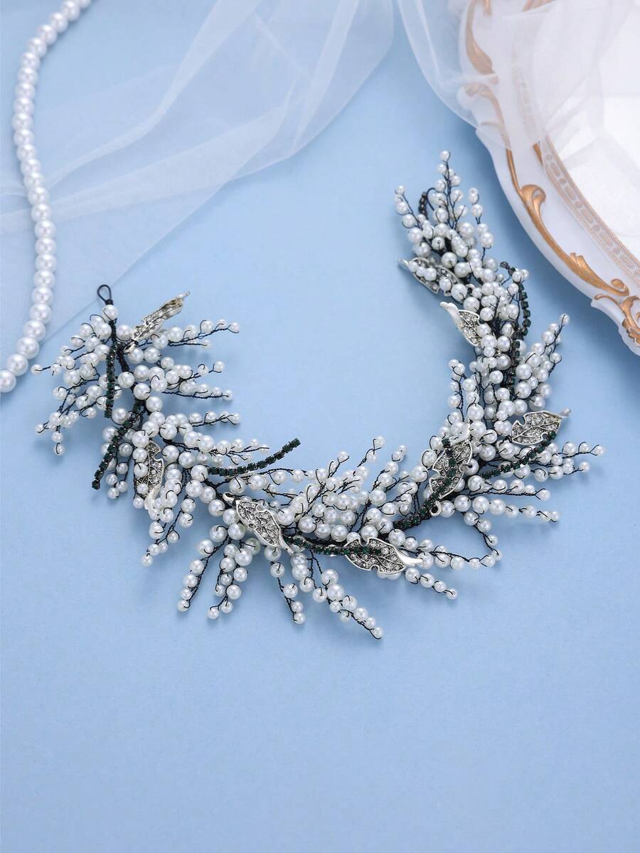 Elegant White Faux Pearl Beaded Headband, Handmade With Leaf Decor, Vintage Bridal Hair Accessory, Suitable For Weddings, Balls, Parties,Festival,Party - Black and White - View 1