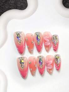 10pcs/Set Rhinestone Style Handmade Nail Art Kit, Fake Nails, Diamond Shaped Nail Decor, Handcrafted Floral & Striped Nail Stickers, Pink Nail Polish, Elegant Style, Includes Nail Tools (1 Jelly Sticker + 1 Nail File), 3 Sizes Available: Almond, Duck Mouth, Coffin Shape, Suitable For Parties, Daily Wear, Events, Photography, Spring/Summer - Multicolor - View 16