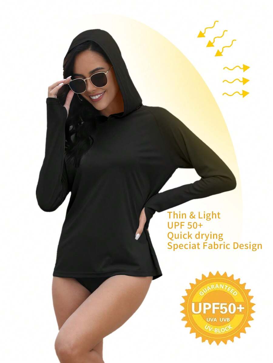 Áo thun dài tay có mũ trùm đầu dành cho nữ, chống tia UV UPF 50+, có lỗ xỏ ngón tay, chất liệu nhẹ, thích hợp cho các hoạt động thể thao ngoài trời như chạy bộ, tập luyện, leo núi, câu cá, màu đen mùa xuân. - màu đen - Xem 1