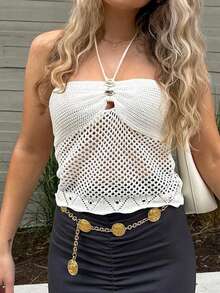 Nora Noon Women's Sexy Backless Camisole Hollow Out Knit White Crop Top, Decorated With Buttons, Suitable For Summer Vacation, Party, And Casual Daily Wear - White - View 9
