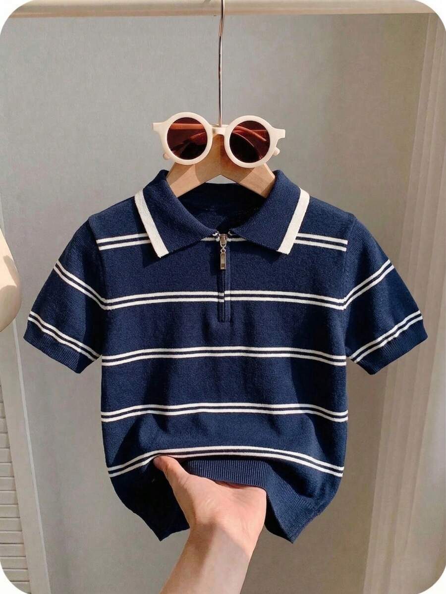 Boys' Collegiate Style Lyocell Short Sleeve Knit Pullover Sweater, Solid Color Half Zip Lightweight Sweater, Spring/Summer/Autumn - Navy Blue - View 1