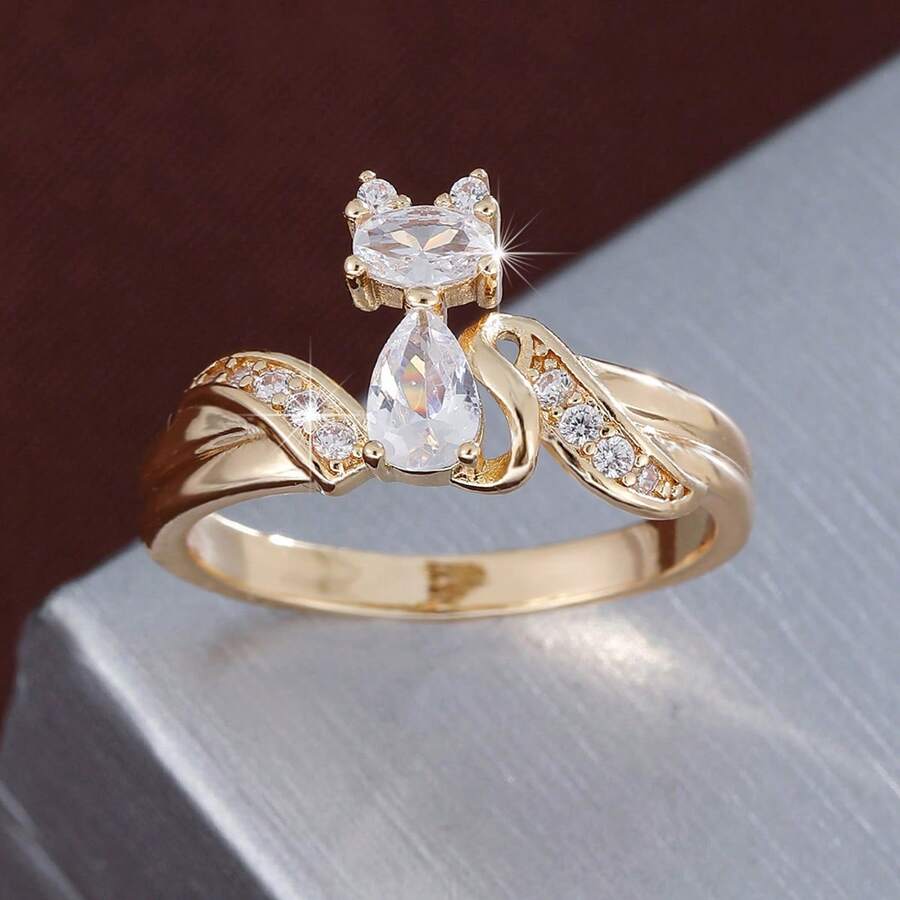 1pc Cute Cat Shaped Cubic Zirconia Inlaid Ring For Women - Multicolor - View 1