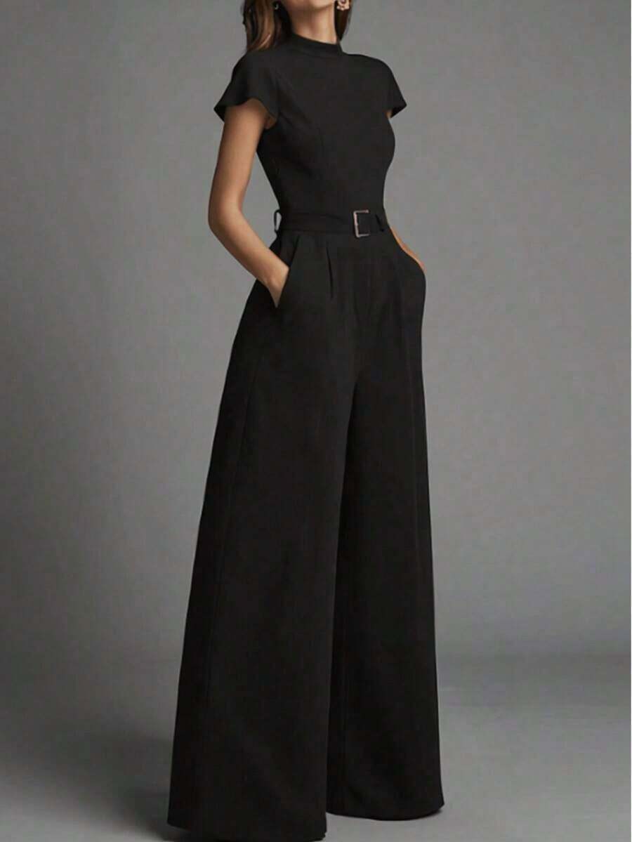 Women's Minimalist Comfortable Black Turtleneck Short Sleeve Jumpsuit, Waist Cinched [No Belt, Belt Is Decorative Only], Spring/Summer/Autumn Elegant - màu đen - Xem 1