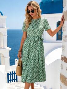 Women's Short Sleeve Round Neck Ruffle Waist Pocket A-Line Floral Midi Dress, Summer Vacation Elegant - Green - View 7