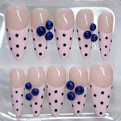10 móng giả dài hình hạnh nhân chấm bi hồng, kiểu Y2K 3D, phụ kiện làm móng thủ công đa năng, phù hợp sử dụng hàng ngày.